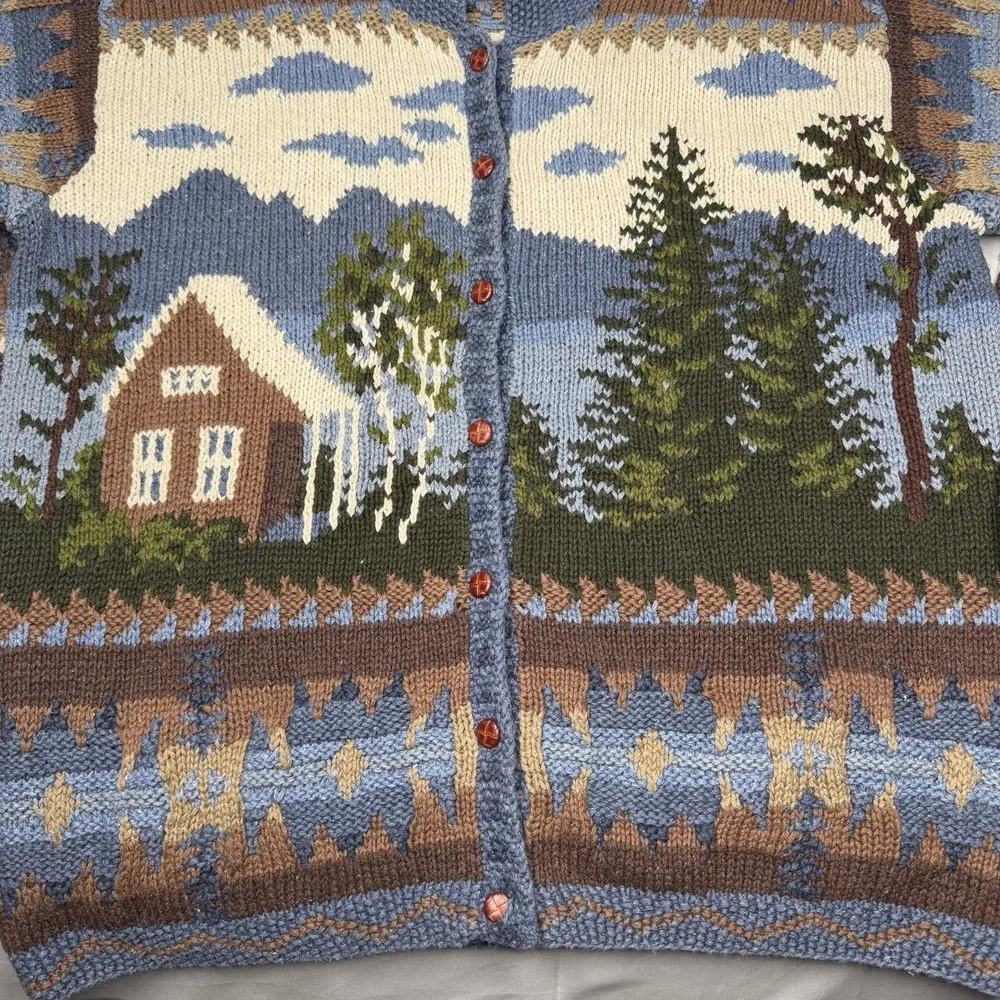 Vintage Northern Isles Women L Cardigan Sweater Forest Cabin Tree Winter Knit - Picture 3 of 13